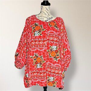 Lauren Conrad 3X Red Floral Boho Peasant Blouse Button Front Cottagecore Top